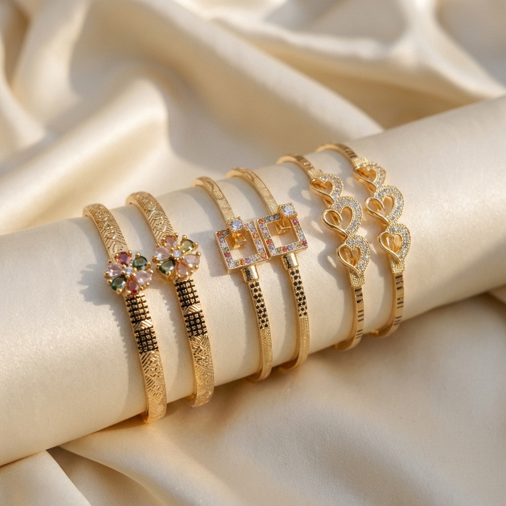 Trendy Gold Finish Adjustable Bracelet Combo | Stylish Bangles for Women (3 Pair Set)