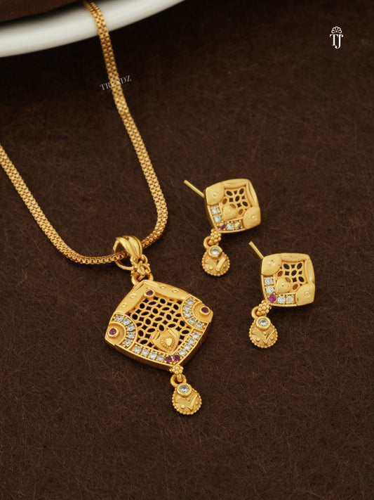 1 Gram Gold Necklace New Model | Heart Design Pendant & Earrings with AD Diamonds