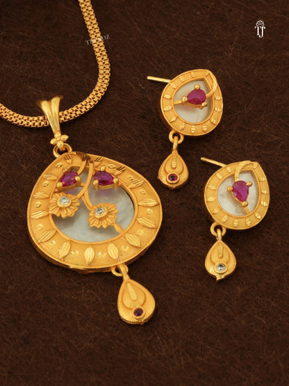 1 Gram Gold Necklace with Price | Trendy Pendant & Earrings Set with Ruby Stone for Women