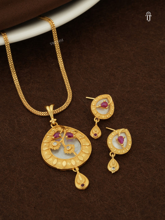 1 Gram Gold Necklace with Price | Trendy Pendant & Earrings Set with Ruby Stone for Women