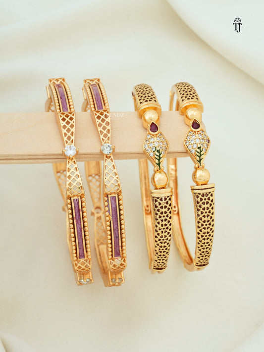 Antique Gold Brass Bangles Set of 2 Pair | Rose Gold & AD Diamond Designer Bangles