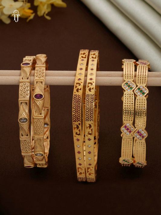 Daily Wear Bangles | Premium Brass Bangles with High Gold Finish | Combo Set of 6 Pcs (3 Pairs)