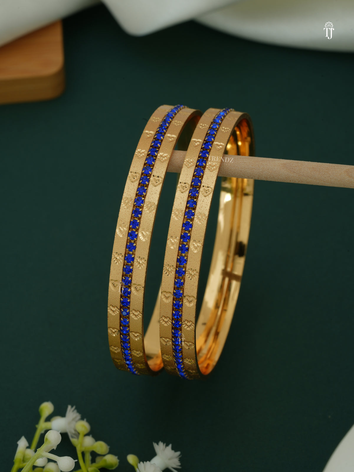 CNC Brass Bangles Gold Plated | Blue Diamond Heart-Shape Design for Women