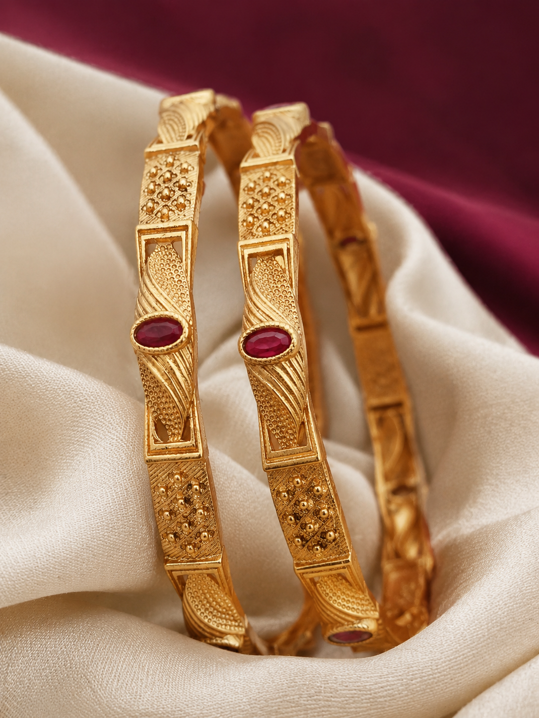 Beautiful Designer Bangles With Ruby Stones Pack Of 2 Pieces ( 1 Pair )