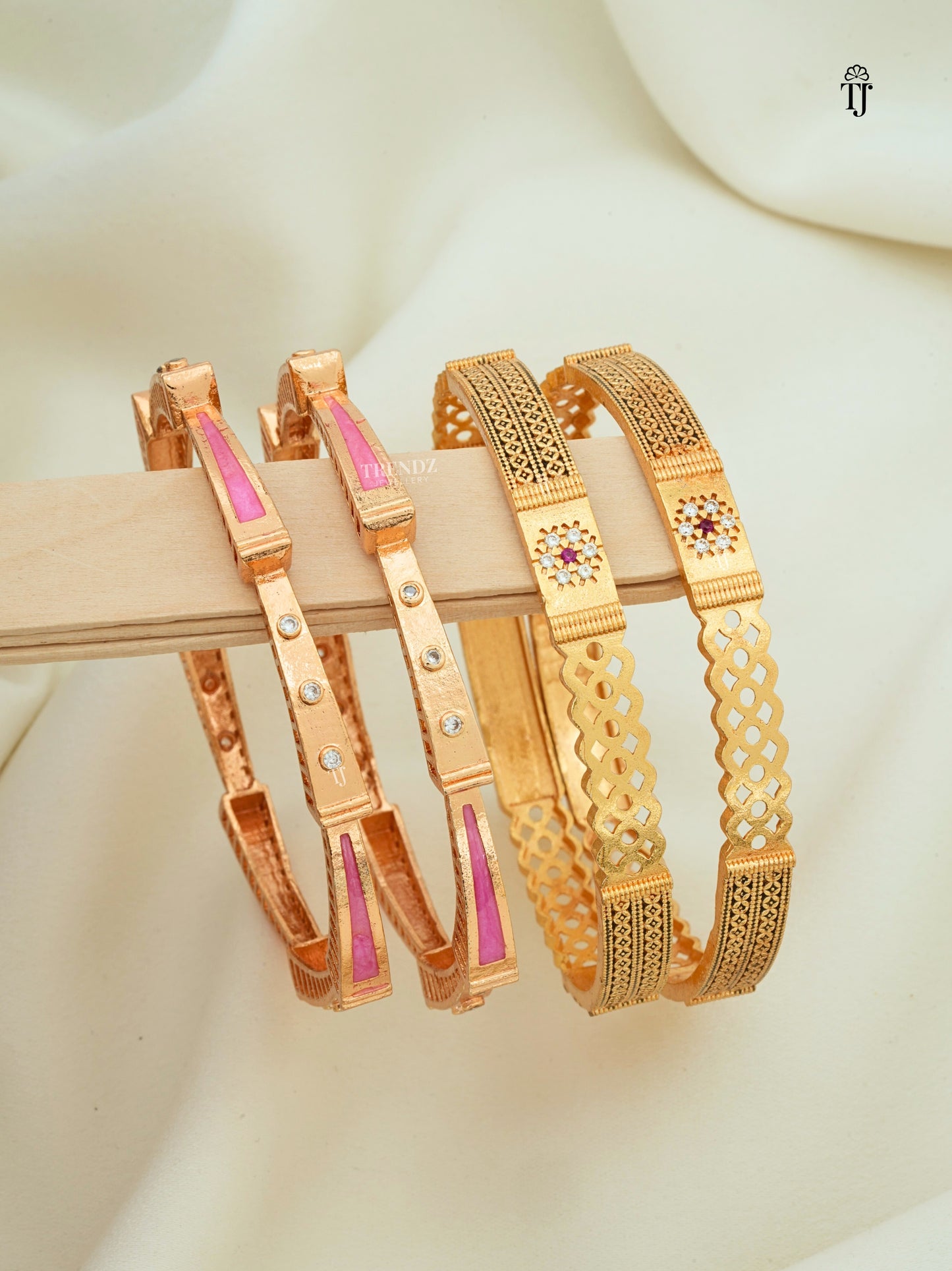 Combo Of Anti-Tarnish Rose Gold Bangles for Everyday | Designer Meenakari & Flower AD Bangles