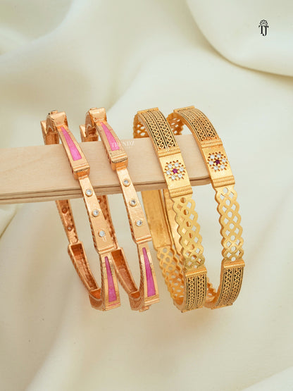 Combo Of Anti-Tarnish Rose Gold Bangles for Everyday | Designer Meenakari & Flower AD Bangles
