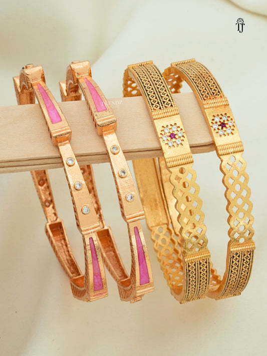 Combo Of Anti-Tarnish Rose Gold Bangles for Everyday | Designer Meenakari & Flower AD Bangles