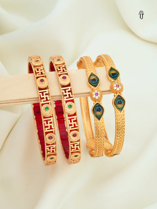 Combo Of Latest Bangle Design Set of 2 Pair | Gold Plated Swastik & Morpankh AD Diamond Bangles