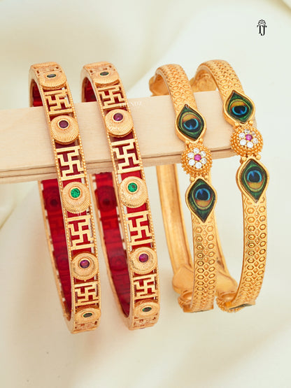 Combo Of Latest Bangle Design Set of 2 Pair | Gold Plated Swastik & Morpankh AD Diamond Bangles