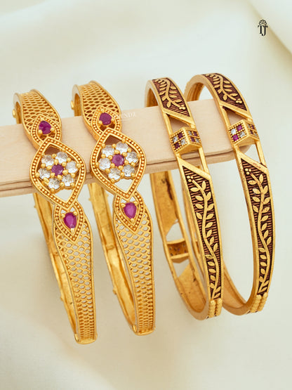 Daily Wear Bangles Set of 2 Pair | Flower & Antique AD Diamond Designer Bangles