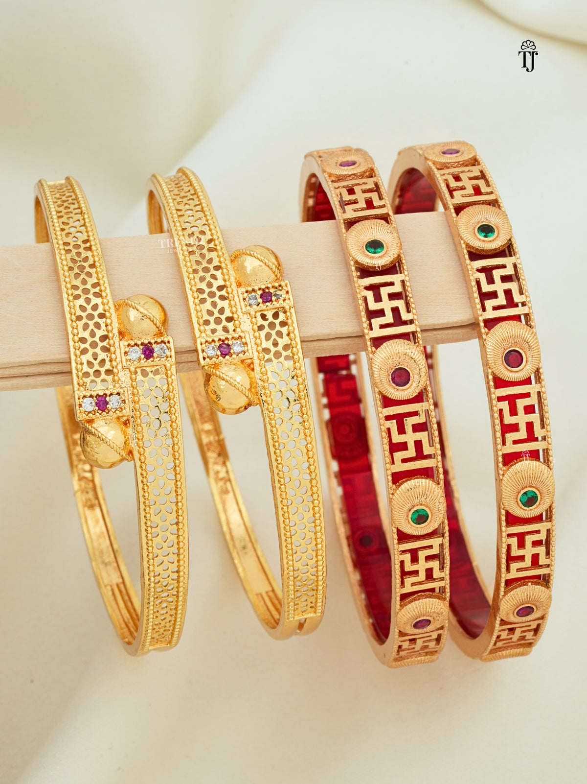 Daily Wear Brass Bangles Combo | Gold Plated AD Swastik Bangles