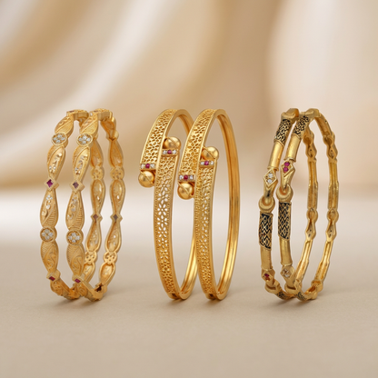 Elegant Gold Plated Traditional Bangles Combo Set of 6 Pcs (3 Pairs)