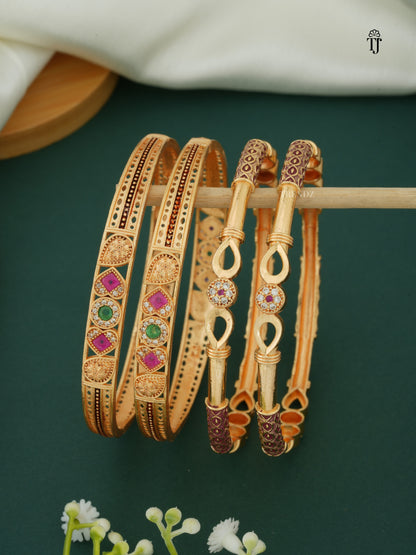 Fancy Bangles Set Combo | Latest Unique Design with AD Diamonds & Red-Green Stones (4 Bangles)