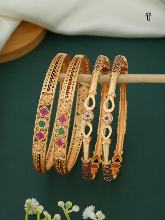 Fancy Bangles Set Combo | Latest Unique Design with AD Diamonds & Red-Green Stones (4 Bangles)