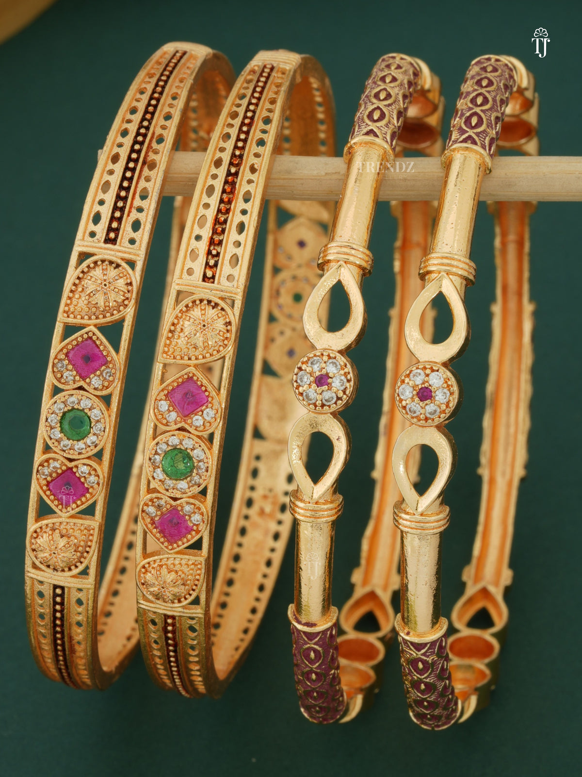 Fancy Bangles Set Combo | Latest Unique Design with AD Diamonds & Red-Green Stones (4 Bangles)