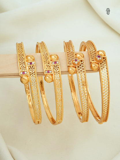 Fashion Bangles Set Combo of 2 Pair | Designer & Flower Gold Plated Bangles