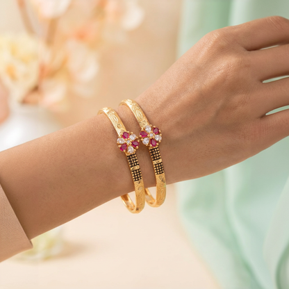 Floral Ruby & AD Stone Free-Size Gold Plated Bracelets (Set of 2)