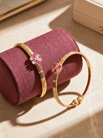 Floral Ruby & AD Stone Free-Size Gold Plated Bracelets (Set of 2)