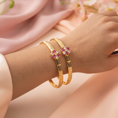 Floral Ruby & AD Stone Free-Size Gold Plated Bracelets (Set of 2)