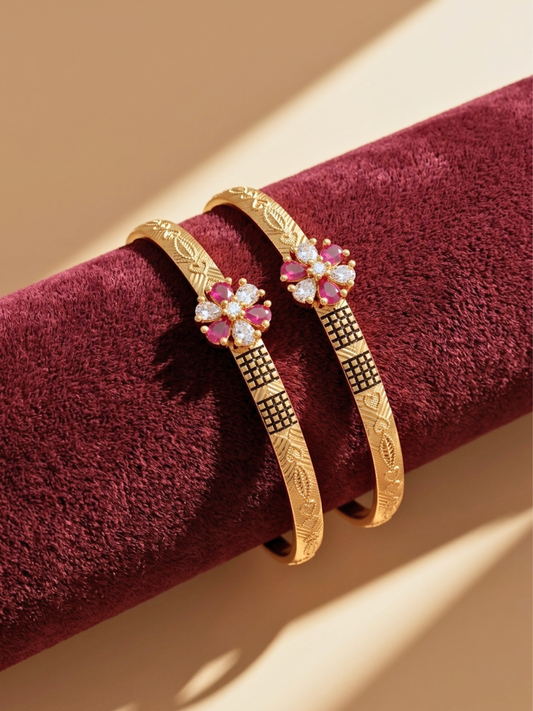 Floral Ruby & AD Stone Free-Size Gold Plated Bracelets (Set of 2)