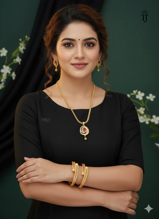 Full Set Offer: 1 Gram Gold Plated Ruby Pendant Set & Matching Bangle Combo