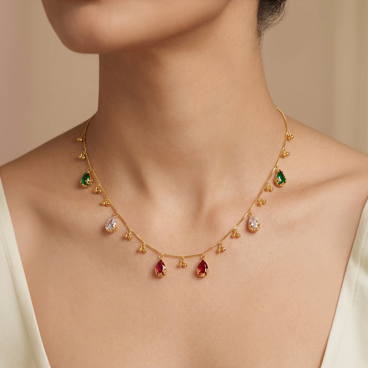 Gold Beaded Teardrop Necklace With Micro Gold