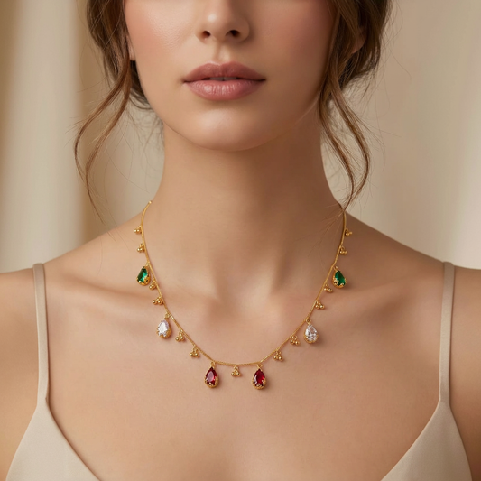 Gold Beaded Teardrop Necklace With Micro Gold