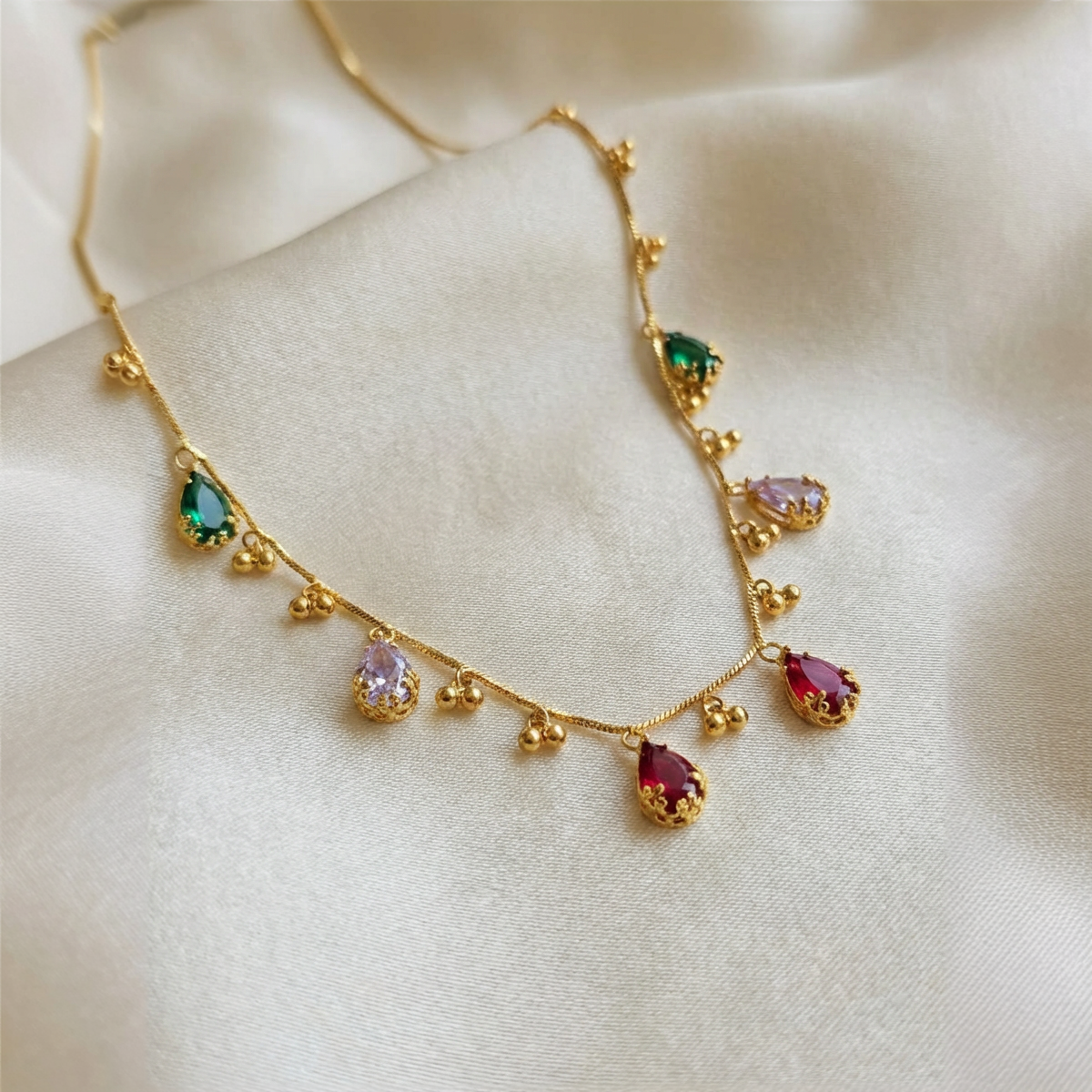 Gold Beaded Teardrop Necklace With Micro Gold
