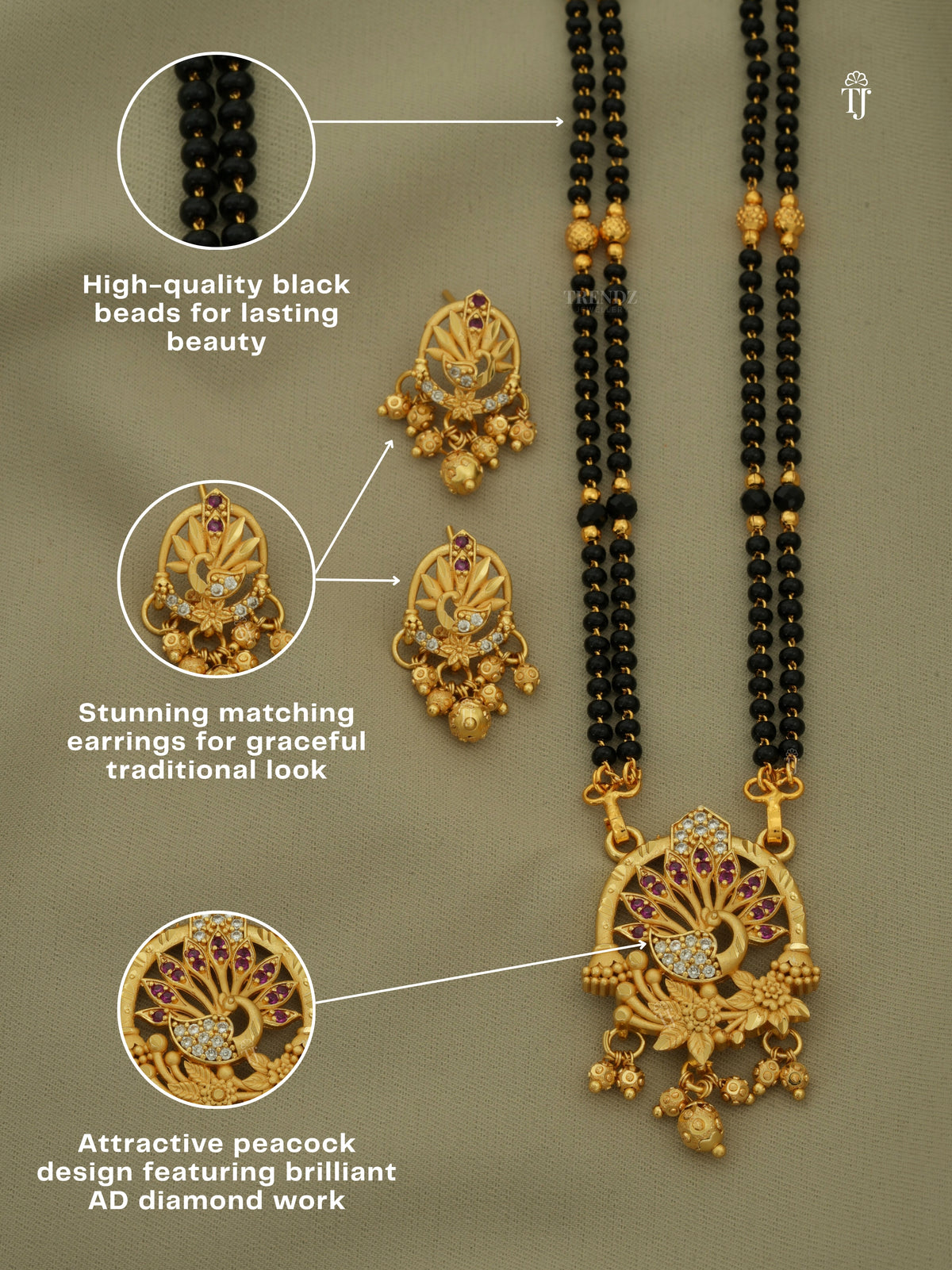 Gold Mangalsutra Designs for Women | Stylish Peacock Design with Matching Earrings & AD Diamonds