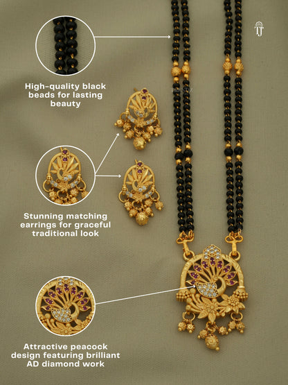 Gold Mangalsutra Designs for Women | Stylish Peacock Design with Matching Earrings & AD Diamonds