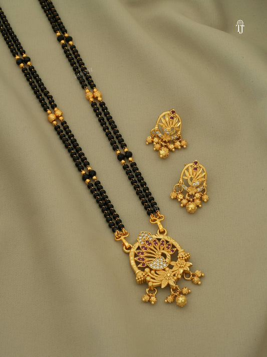 Gold Mangalsutra Designs for Women | Stylish Peacock Design with Matching Earrings & AD Diamonds