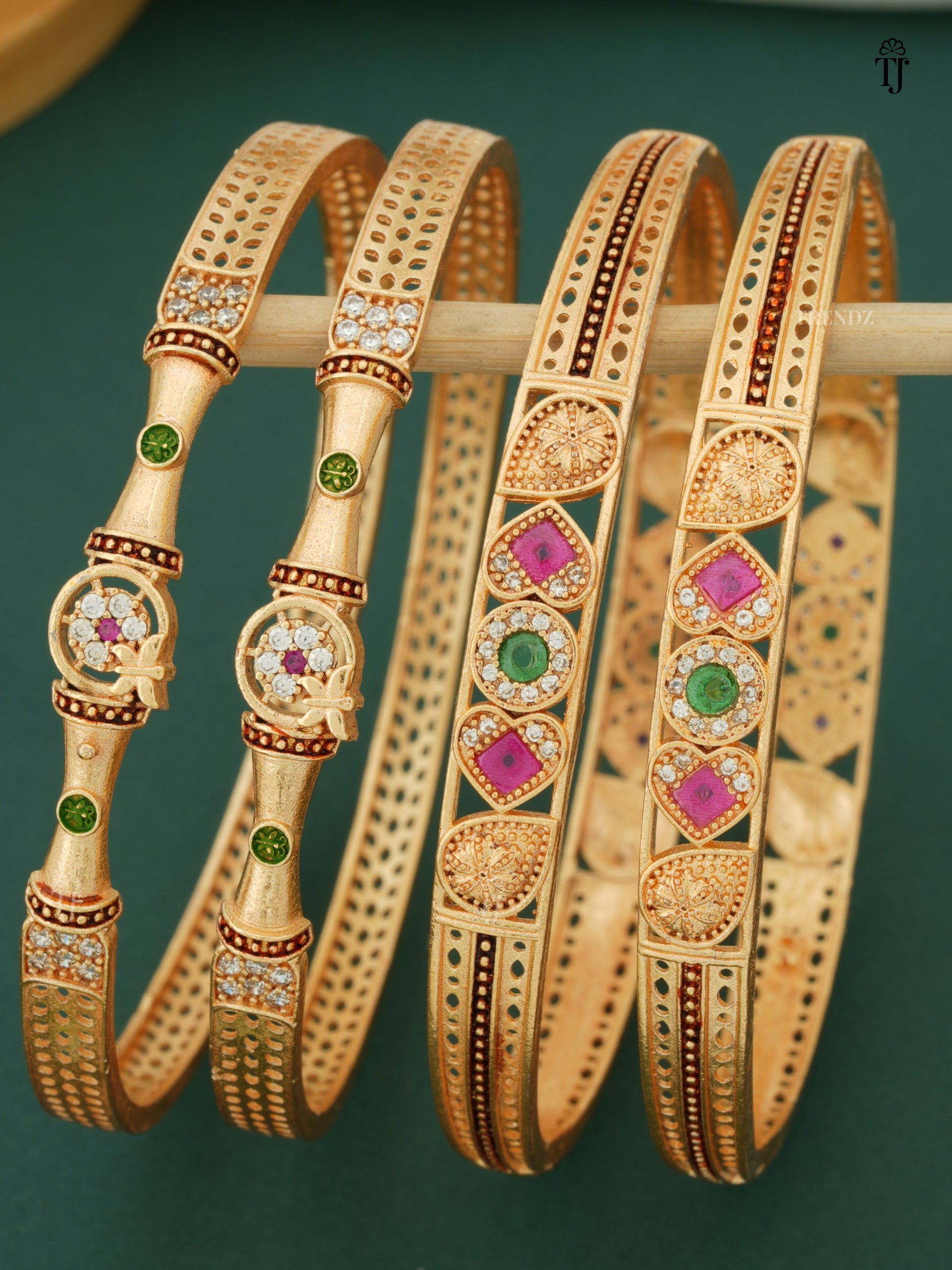 Gold Plated Bangles Combo Set | Beautiful Design with AD Diamonds & Meena Work (4 Bangles)
