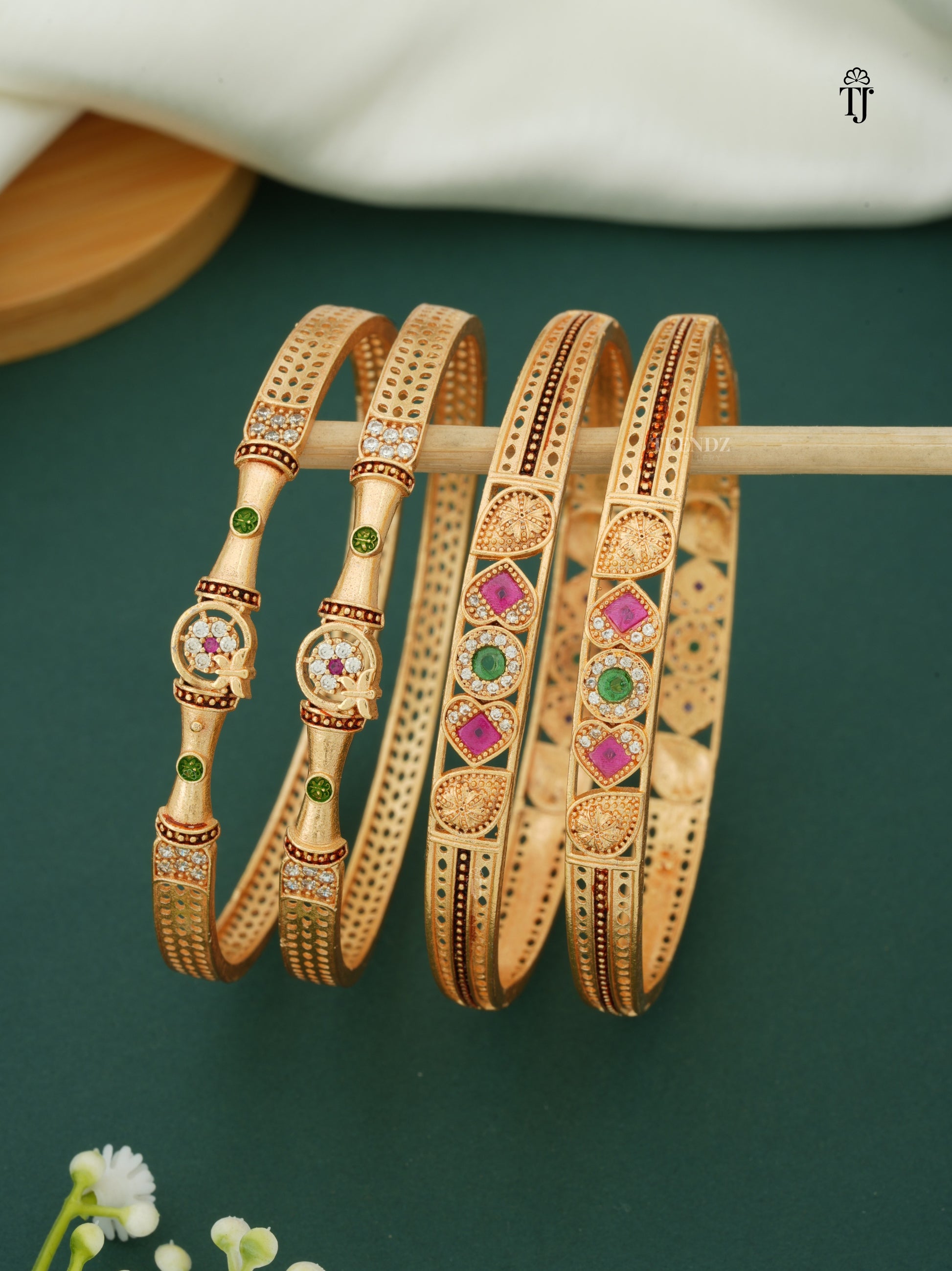 Gold Plated Bangles Combo Set | Beautiful Design with AD Diamonds & Meena Work (4 Bangles)