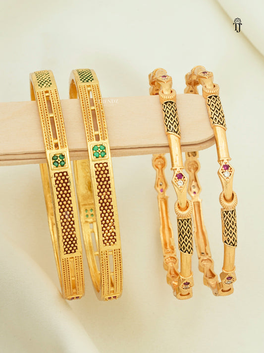 Gold Plated Bangles Set of 2 Pair | Designer & Slim AD Bangles