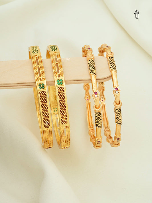 Gold Plated Bangles Set of 2 Pair | Designer & Slim AD Bangles