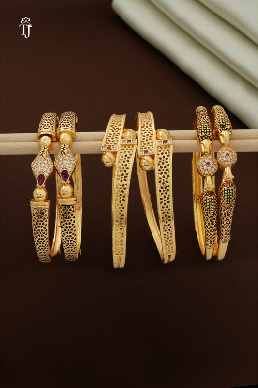 Gold Plated Daily Wear Bangles | Unique & Stylish Bangles for Everyday Use Combo Set of 6 Pcs (3 Pairs)