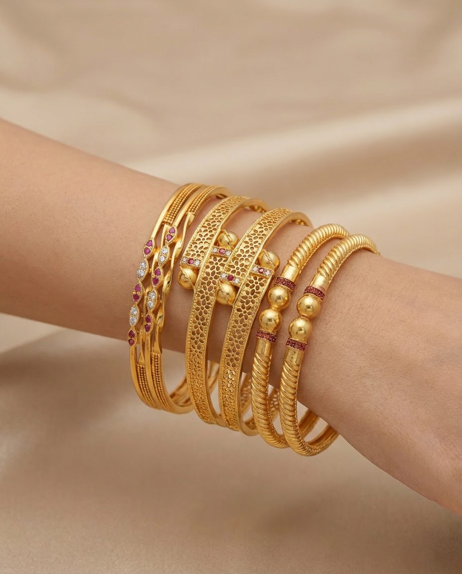 Gold Plated Daily Wear Bangles | Unique & Stylish Bangles for Everyday Use Combo Set of 6 Pcs (3 Pairs)