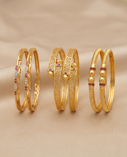 Gold Plated Daily Wear Bangles | Unique & Stylish Bangles for Everyday Use Combo Set of 6 Pcs (3 Pairs)