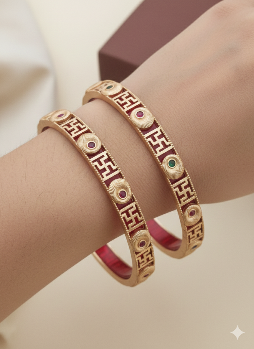 Handcrafted Swastik Meenakari Gold Bangle with Ruby & Emerald Stones - Traditional Indian Kangan