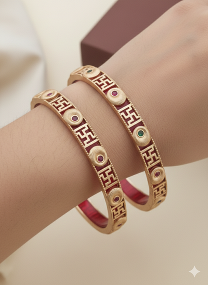 Handcrafted Swastik Meenakari Gold Bangle with Ruby & Emerald Stones - Traditional Indian Kangan