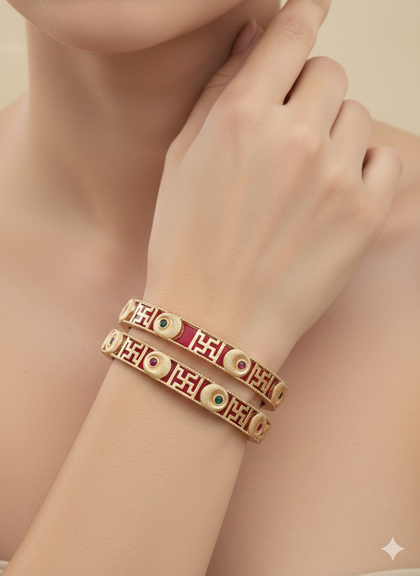 Handcrafted Swastik Meenakari Gold Bangle with Ruby & Emerald Stones - Traditional Indian Kangan