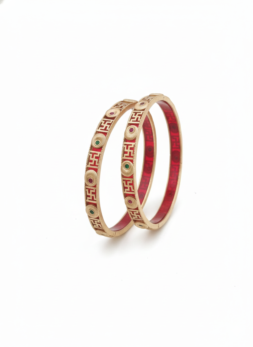 Handcrafted Swastik Meenakari Gold Bangle with Ruby & Emerald Stones - Traditional Indian Kangan