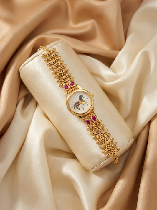 Heritage Ruby Stone  Bracelet Watch With Matte Finish Gold