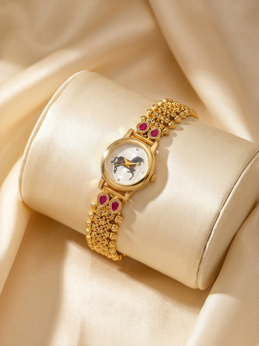 Heritage Ruby Stone  Bracelet Watch With Matte Finish Gold