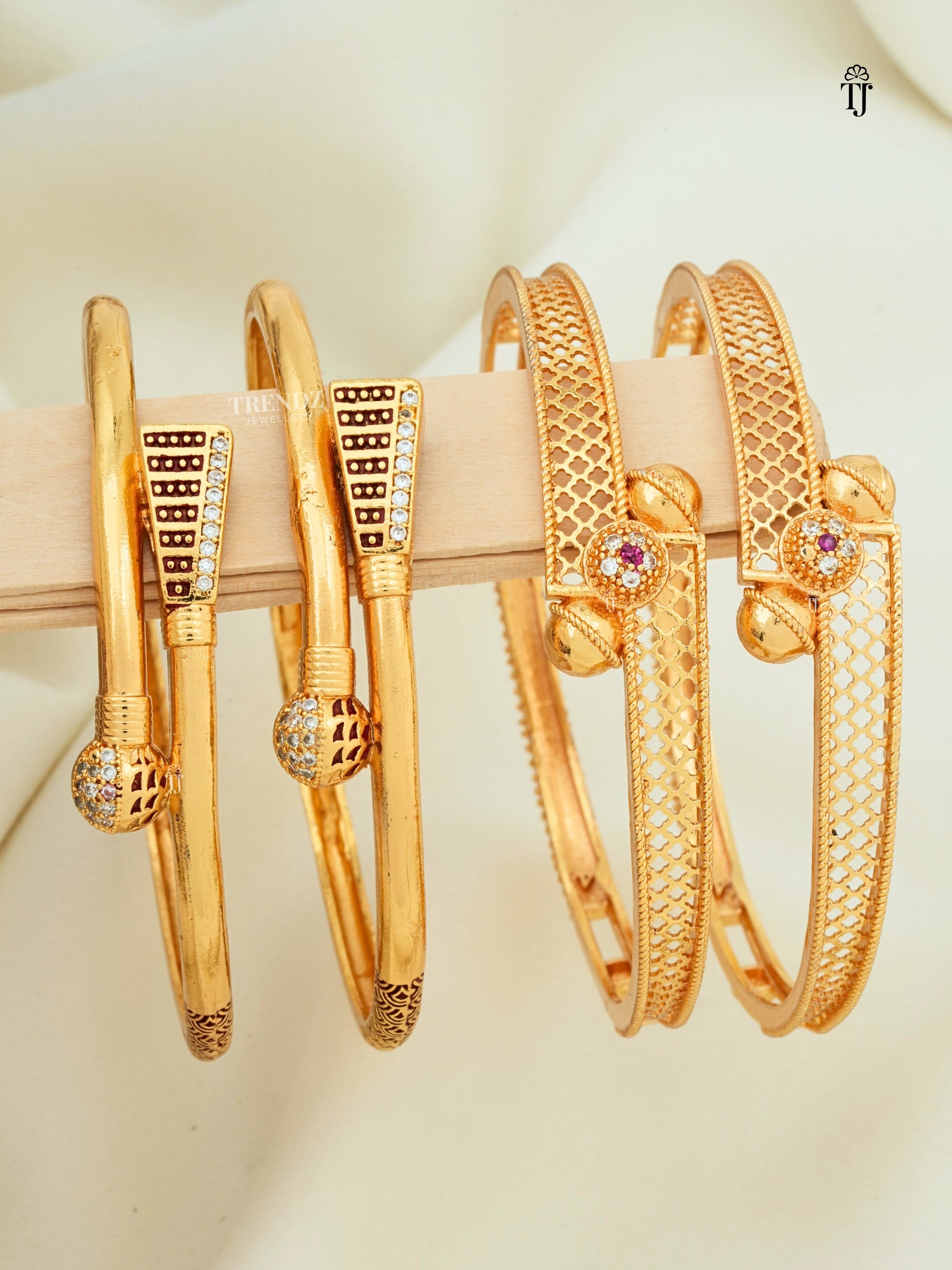 High Gold Finish Bangles Combo of 2 Pair | Broad AD Ball & Stylish AD Diamond Bangles