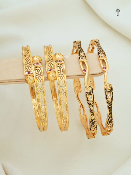 High Gold Finish Bangles Set of 2 Pair |  Slim AD Dimond  Black Oxidised Bangles
