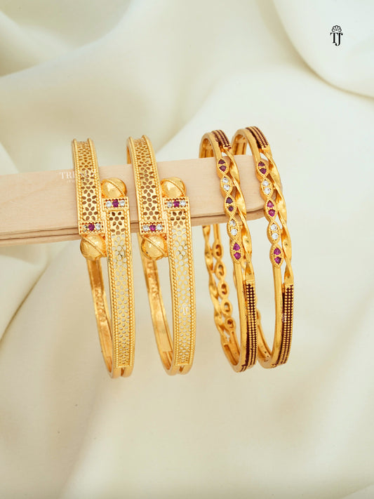 Indian Bangles Set of 2 Pair | Gorgeous Gold Plated Flower & Slim AD Diamond Bangles