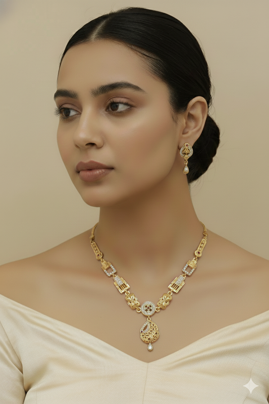 Micro Gold Plated AD Diamond Studded Fancy Forming Necklace with Earrings for Women