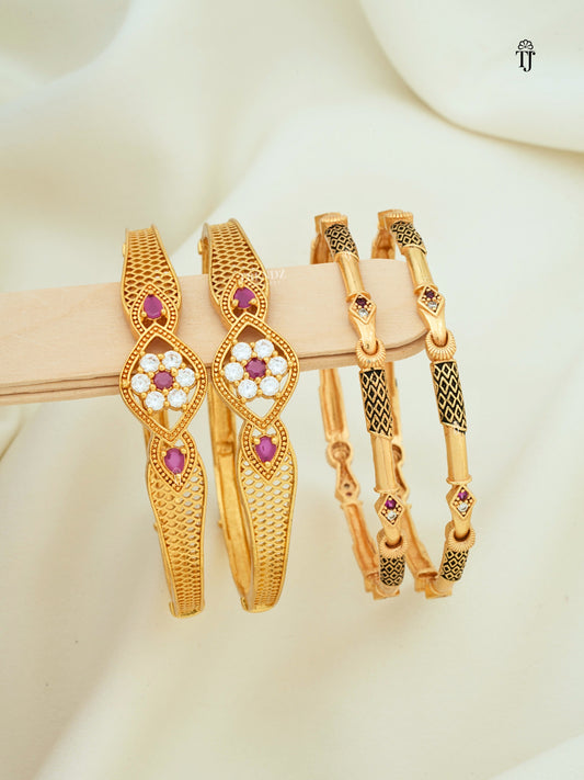 Party Wear AD Bangles Combo of 2 Pair | Gold Plated Flower & Slim AD Diamond Bangles