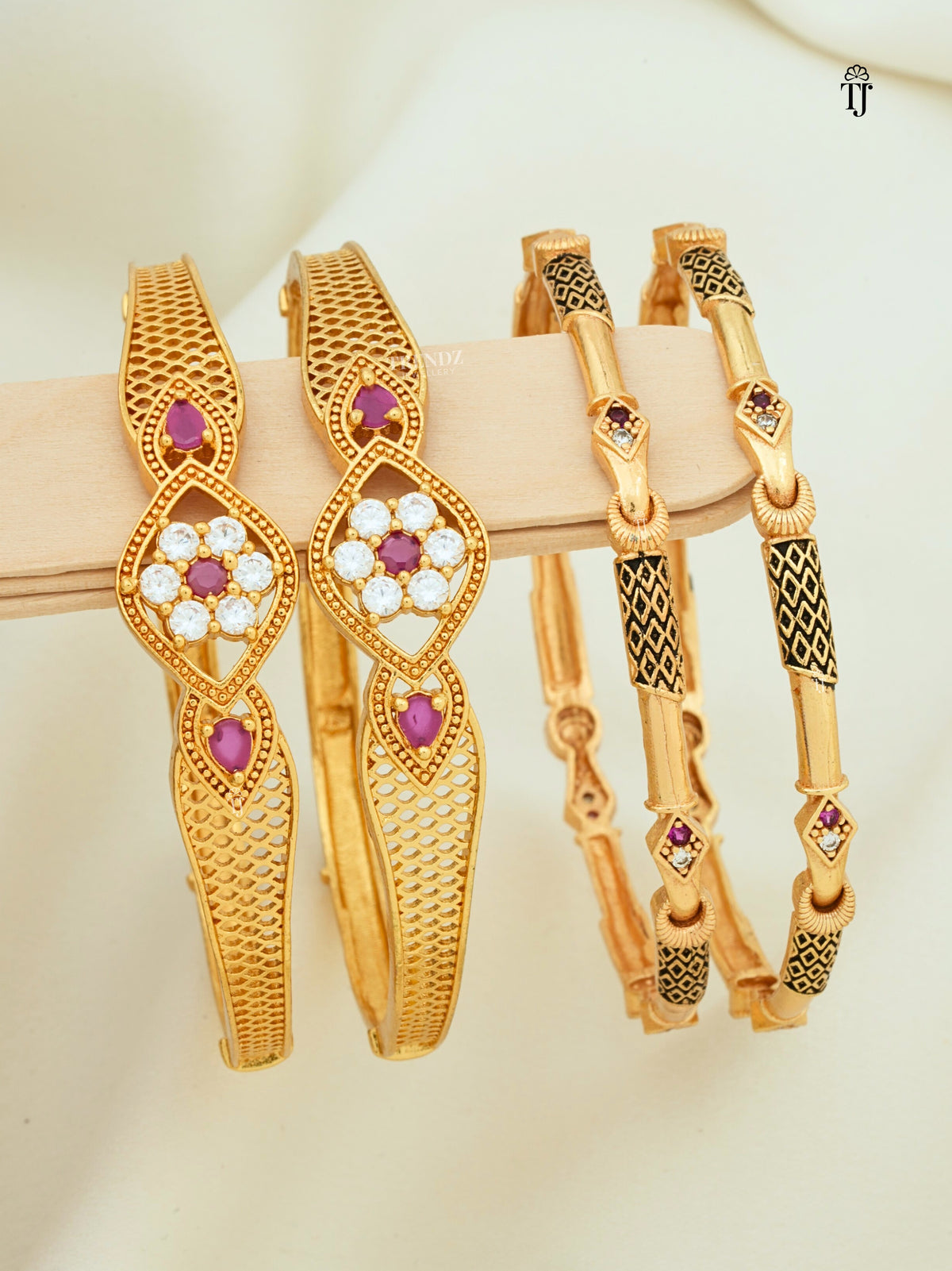 Party Wear AD Bangles Combo of 2 Pair | Gold Plated Flower & Slim AD Diamond Bangles